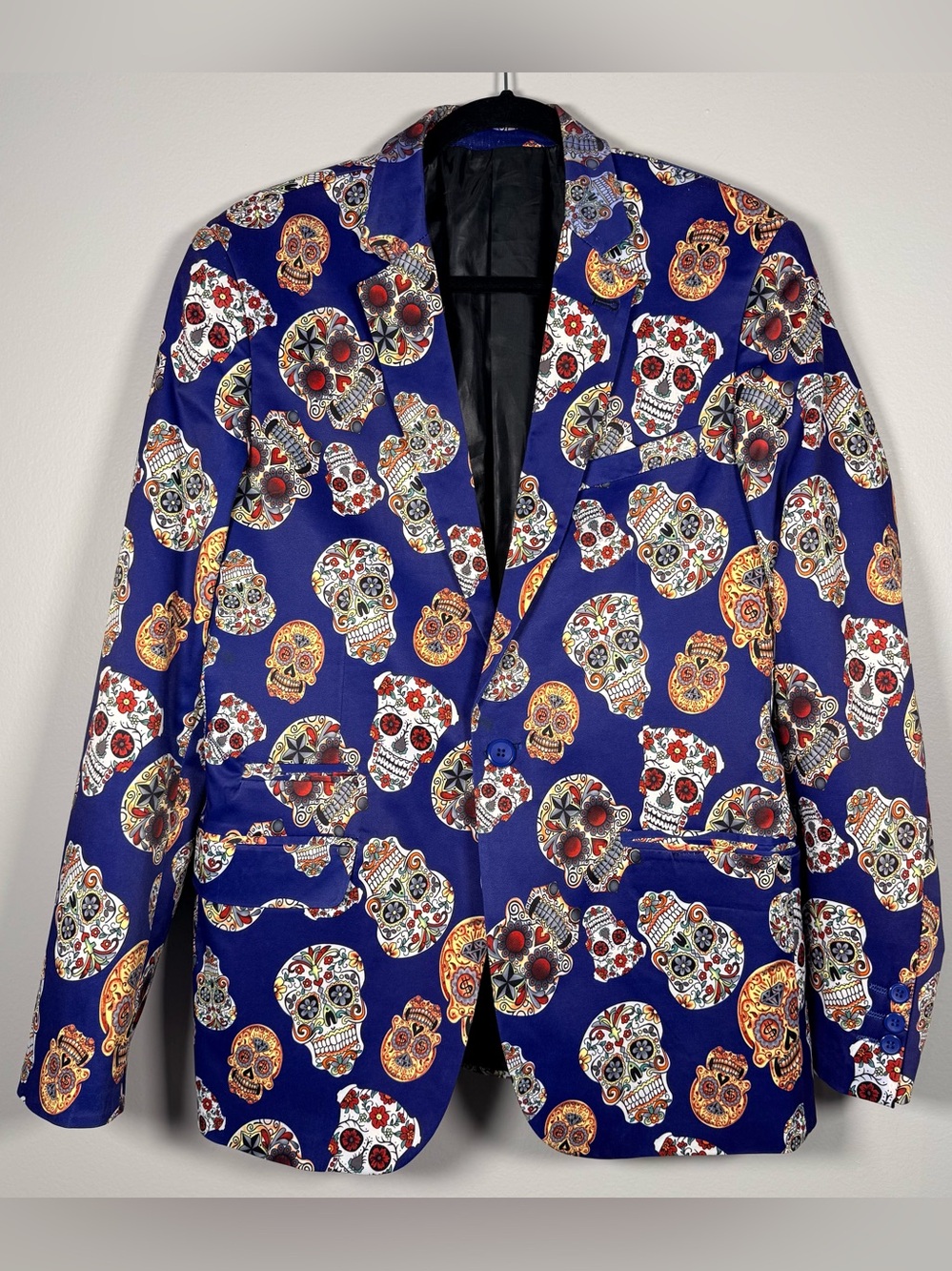 Men’s Sugar Skull Day of the Dead Blazer Blue Sz 42 L Satin Slim Suslo Couture